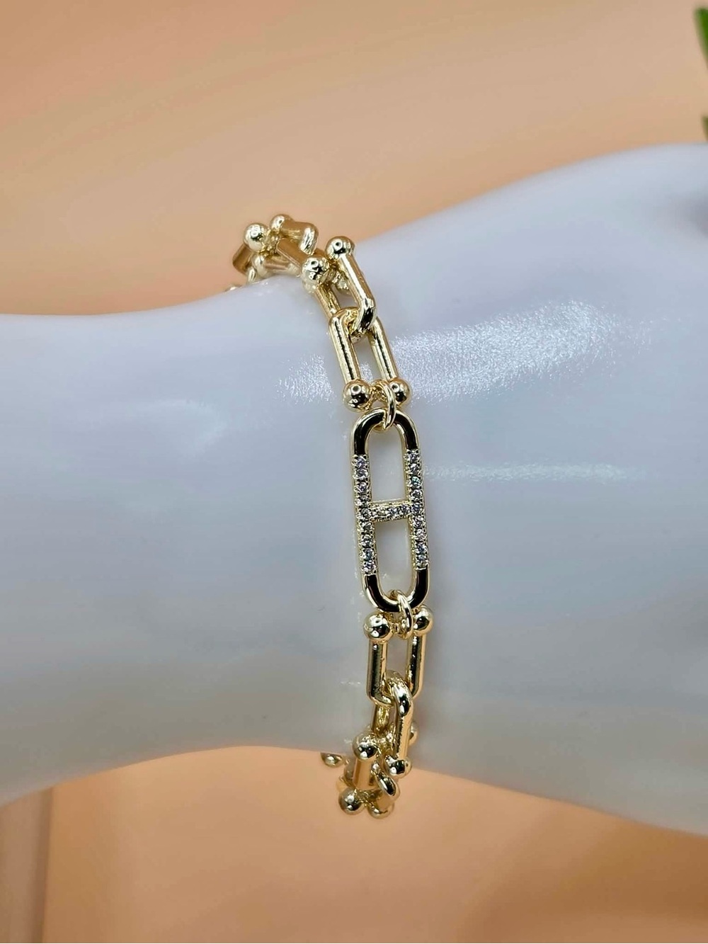 Gold Plated Link Bracelet with Pavé Accent - Women Jewelry